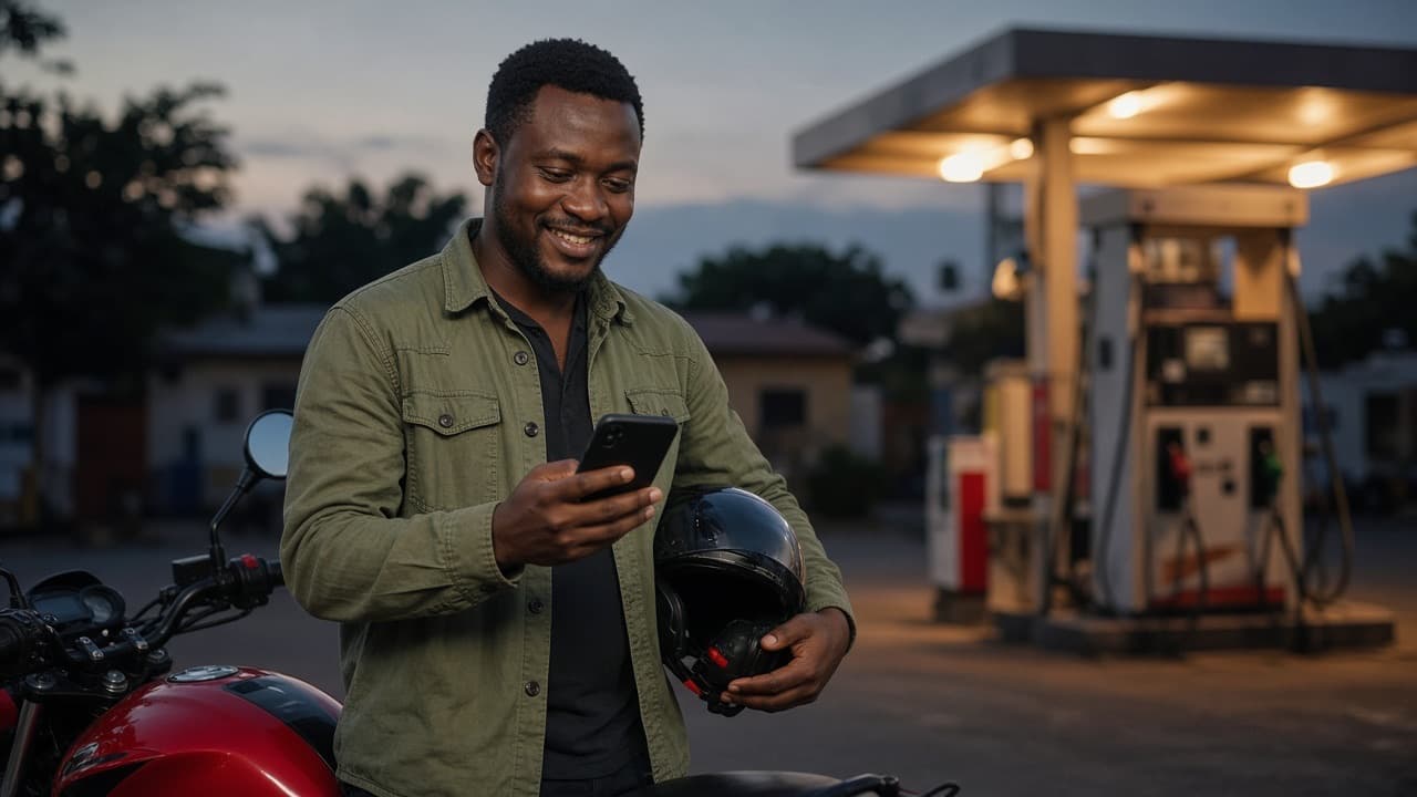 A man checking his phone beside a motorbike